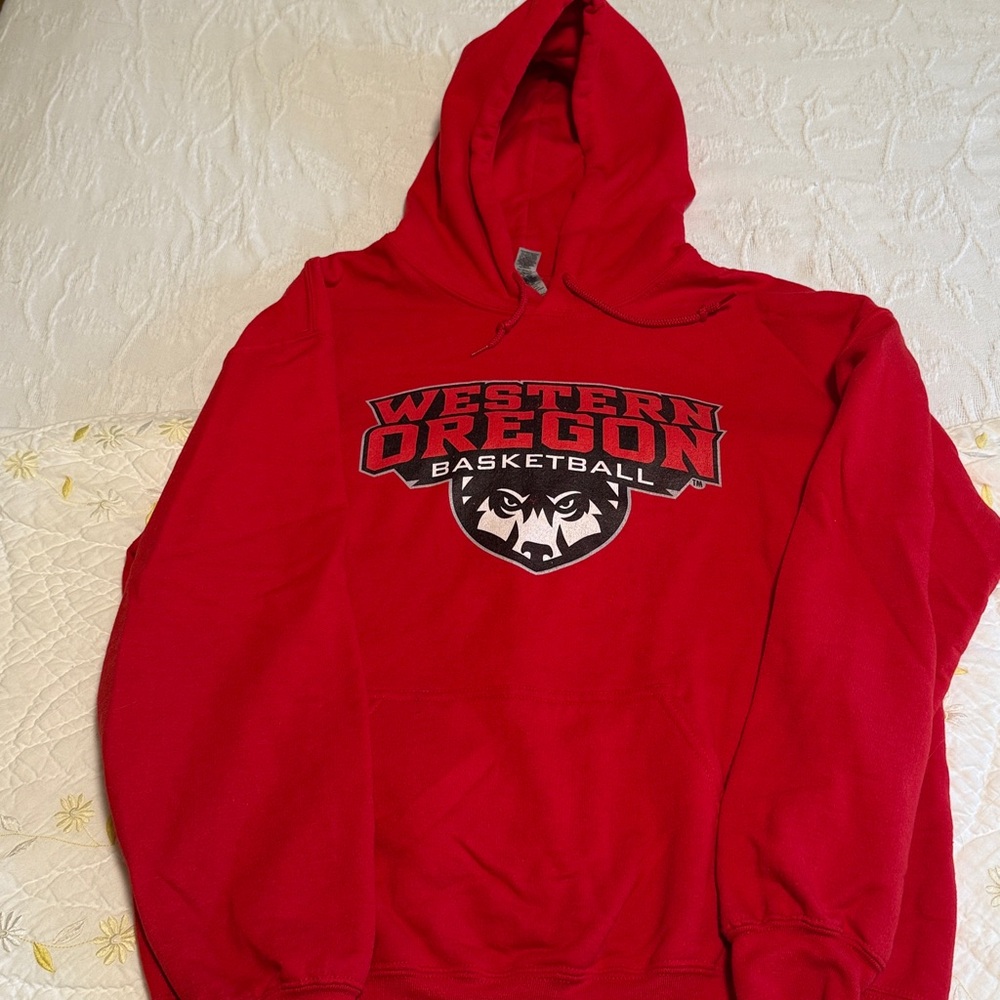 Gildan Red Heavy Blend Hoodie.  Wester Oregon Basketball.